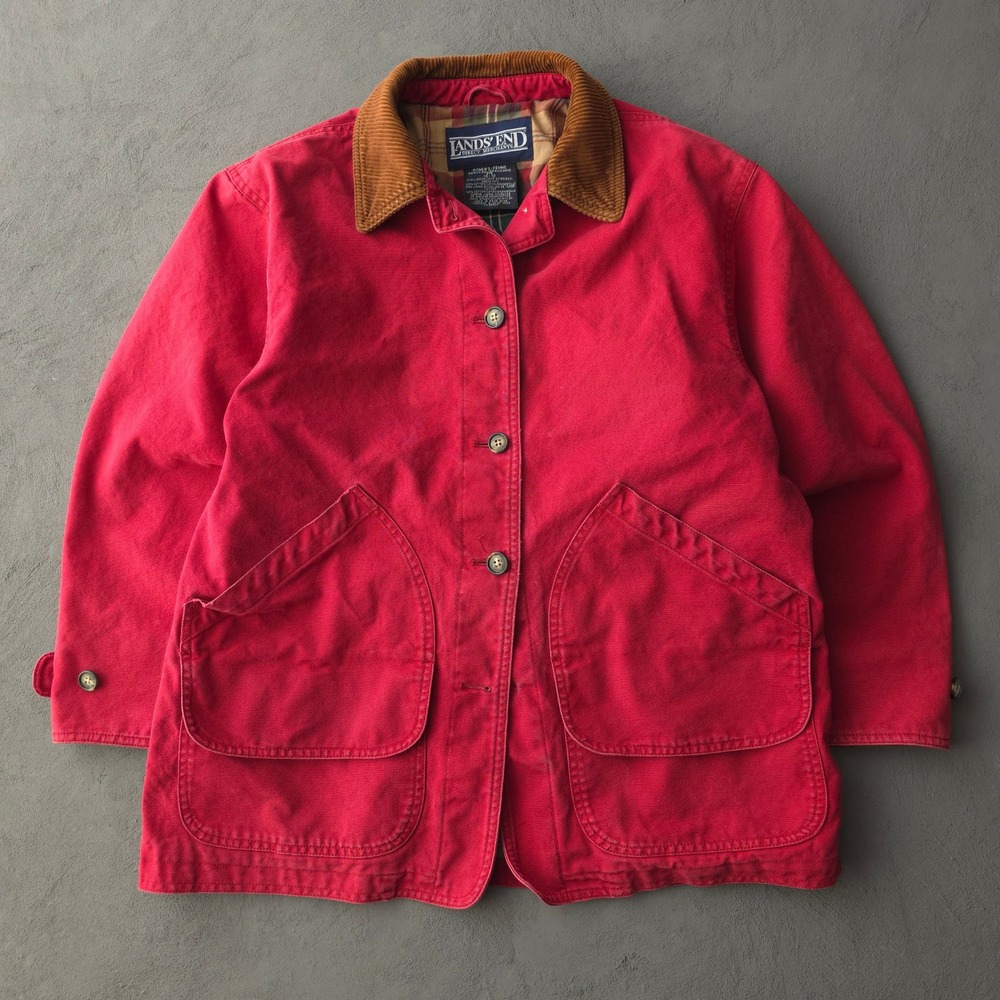 Vintage 90s Lands' End Red Barn Jacket Size M Corduroy Trim Plaid Lining Coat